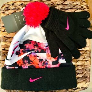 Nike Kids' Black and Fuschia Pink Pom-Pom Hat and Gloves